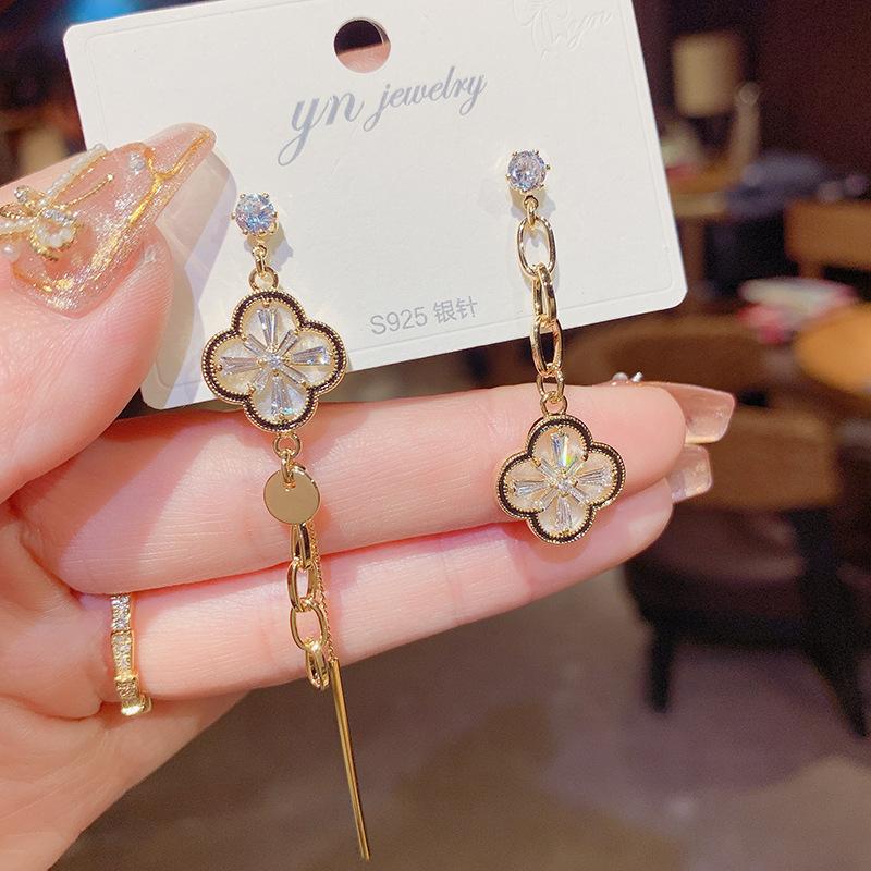 Asymmetrical Four Leaf Flower Long Tassel Fashion Dangle Earrings For Women