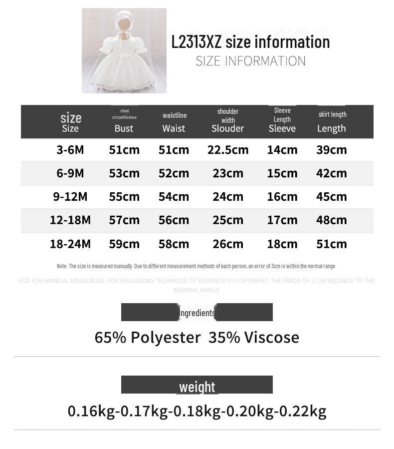 European & American Baby Lace Christening Dress with Puffy Skirt & Hat