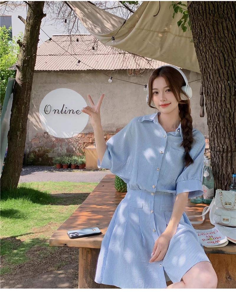 Women's Summer Blue Striped Shirt Dress: Korean-Style Two-Piece Look