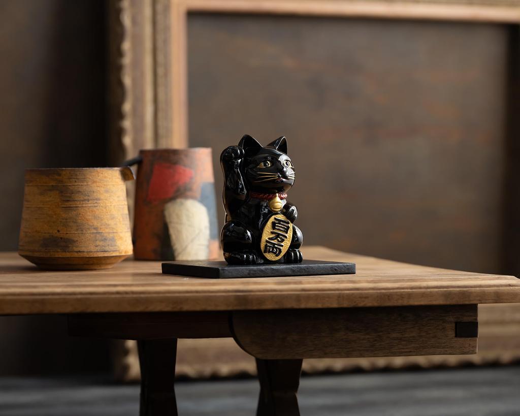 Ginjado Maneki Neko Black Lacquer Hand of Cat Maneki Neko Good Luck Feng Shui Figurine Takaoka Copperware Neko Color_Right Raised/Made Metal_Lucky