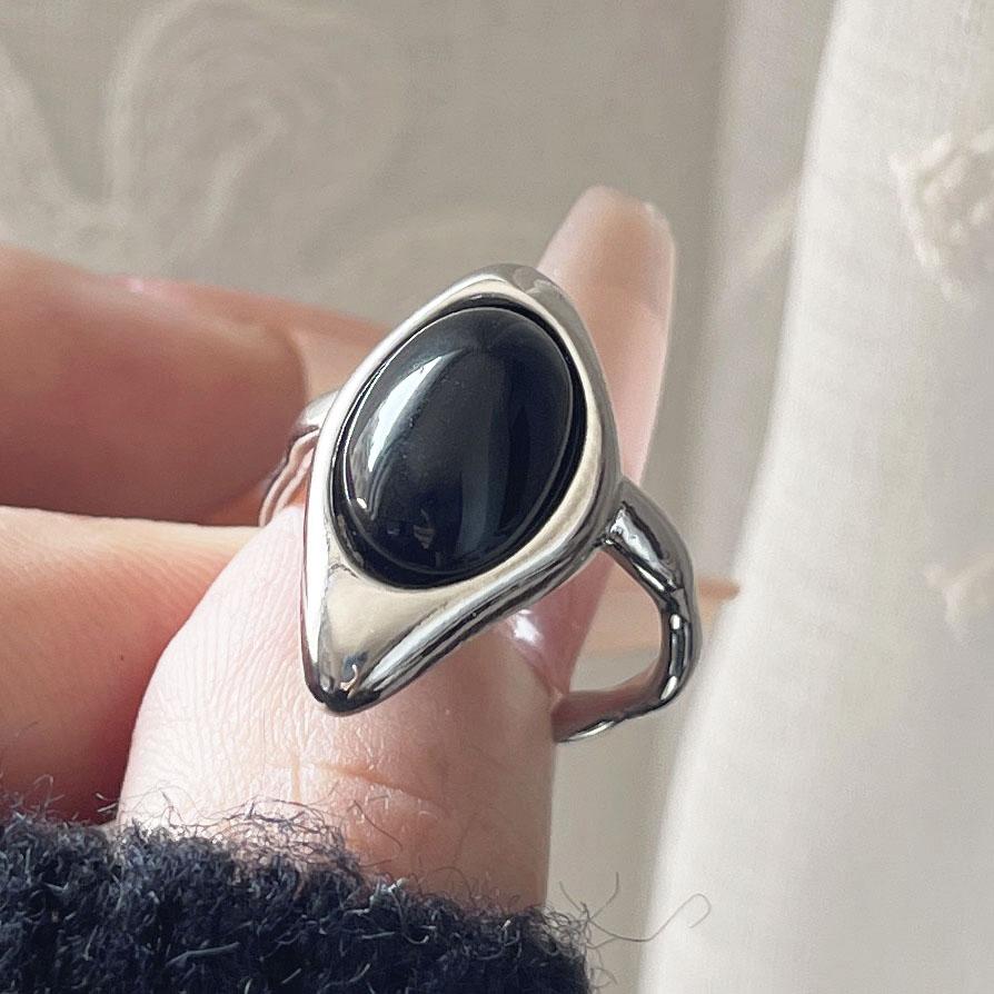 

925 Sterling Silver Rings For Women Geometric Fine Jewelry Finger Adjustable Simple Black Stone Ring For Party Birthday Gift resizable