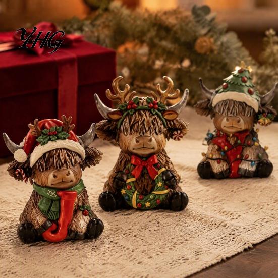 Retro Cartoon Style Ornaments 2/3Pcs Christmas Highland Cow Wooden Tabletop Sign, 2D Flat Yak Indoor Holiday Scene Decorations Figurine Ornament with