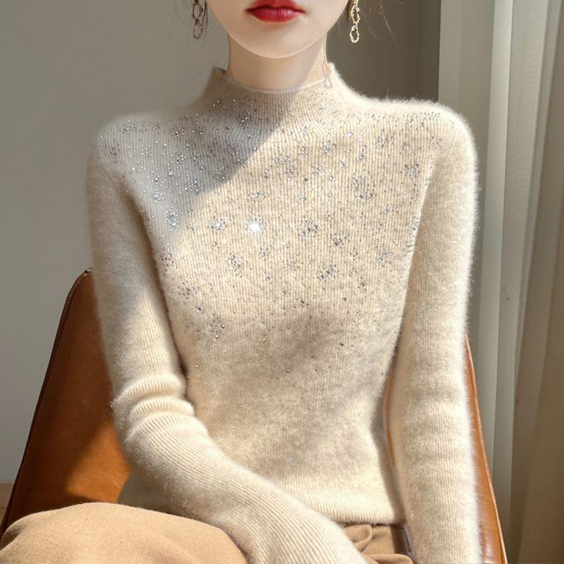 Women's Elegant Rhinestone Half Turtleneck Sweater Autumn Winter Stylish Slim Fit Long Sleeve Knit Base Top