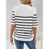 Women S Striped Button Spliced Pullover Round Neck Short Sleeve Knit Sweater