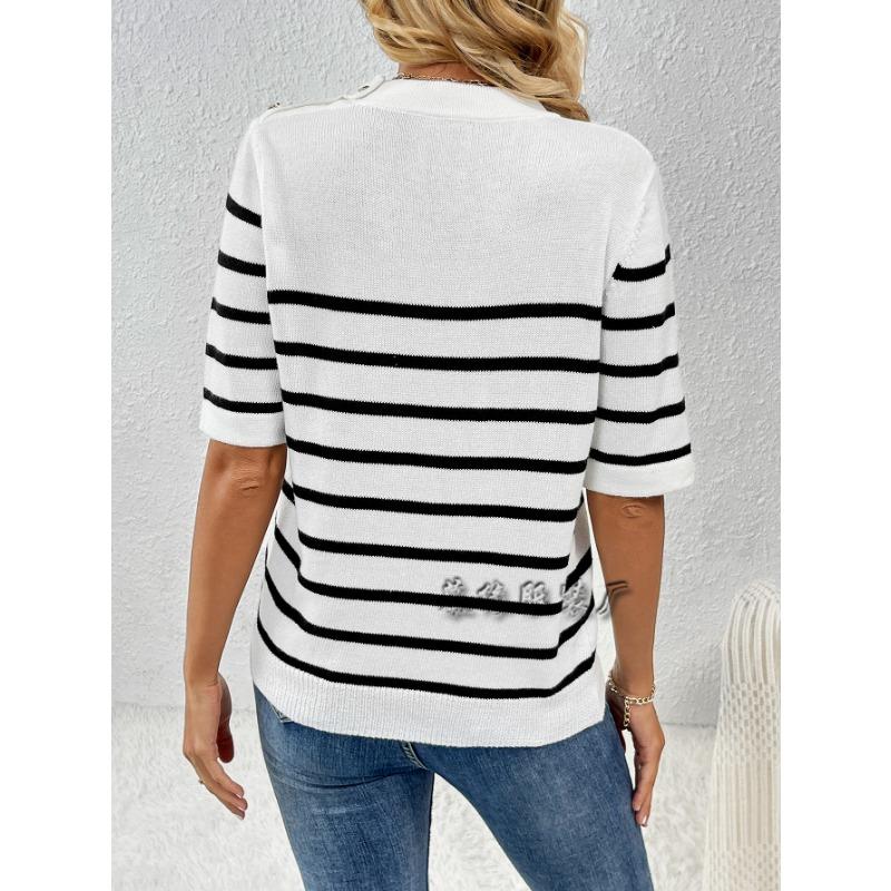 Women S Striped Button Spliced Pullover Round Neck Short Sleeve Knit Sweater