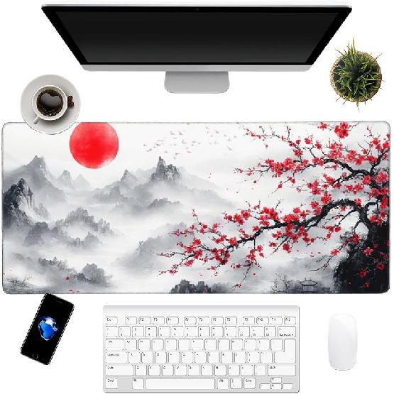 Japanese Cherry Blossoms Art Mouse Pad 31.5"x12" Large - Japanese Traditional Design Water-Resistant Surface Desk Mat with Non-Skid Base for