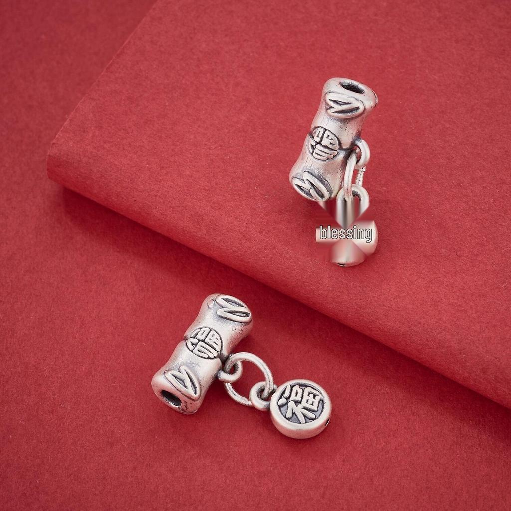 Sterling Silver Fu Character Bamboo Joint 3D Pendant for DIY Necklace and Bracelet Accessories