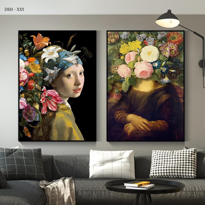 Vintage Famous Painting Girl with Pearls Flowers Canvas Poster Mona Lisa with Flowers Picture Cuadros Wall Art Home Decor