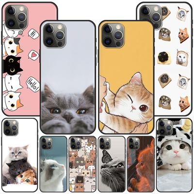 Cute Cat Black Case For Apple Iphone 11 13 12 Mini 14 Pro Max Xr 7 8 +Se 2020 Xs 6 6s Plus 5 5s Silicone Phone Cover Cartoon