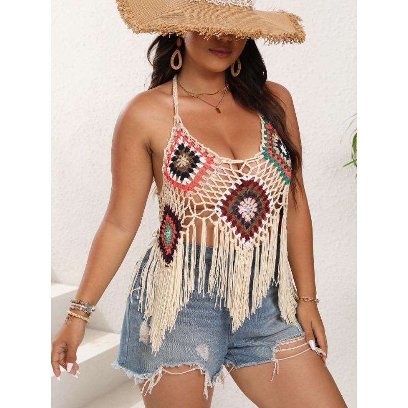 

Плюс Размер Женский Чистый Крючок Цвета Соответствия Бахрома Шнуровка Ажурный Топ Холтер 3XL абрикосовый