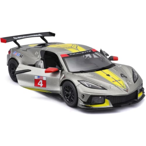 Bburago 1/24 scale diecast model of the 2020 Le Mans race car, Chevrolet Corvette C8R #4, gray. This 1:24 scale diecast model is a finished product of