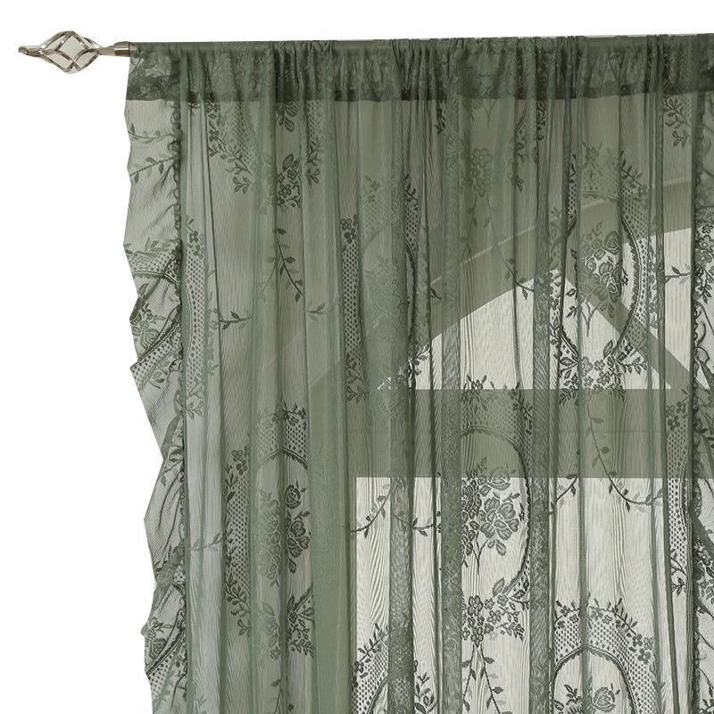 1 Stück Grüne Spitzenvorhänge Wohnzimmer- und Schlafzimmer-Trennvorhänge Fertige Gaze-Rollos Perforierter Lotusblatt-Spitzenstangen-Stil Schlafzimmergardinen