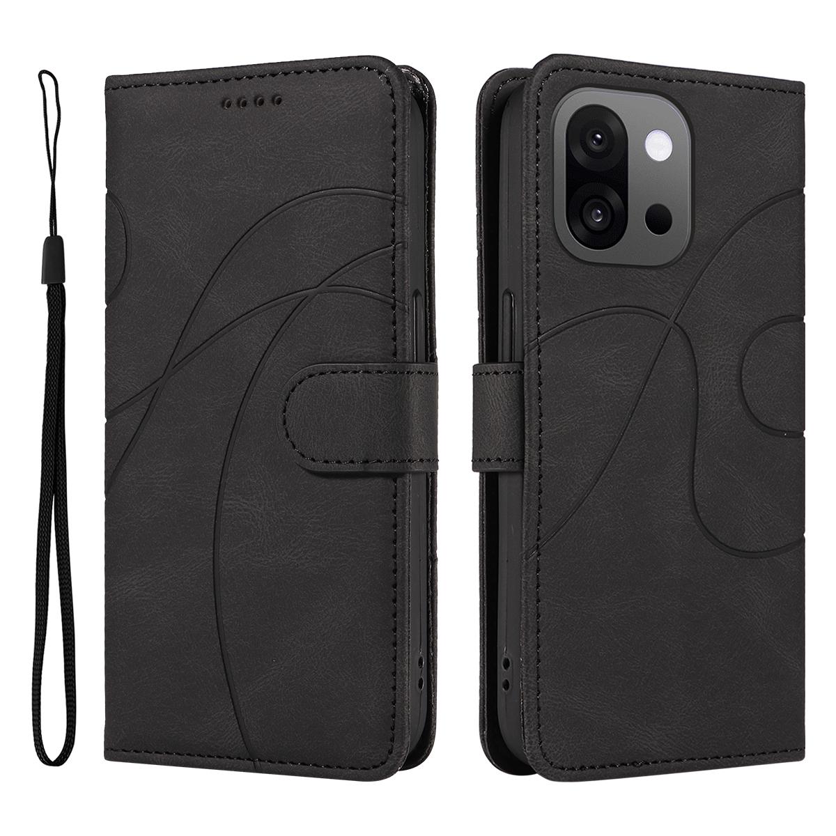 

For OnePlus 13T 5G Wallet Case Leather Phone Cover Stand with Curved Line Design Black