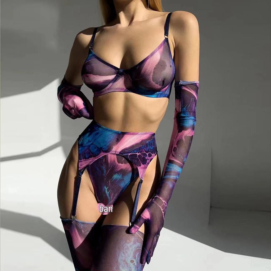 European & American Tie-Dye Colorful Mesh Lingerie Set - Sexy 5-Piece Collection for Women