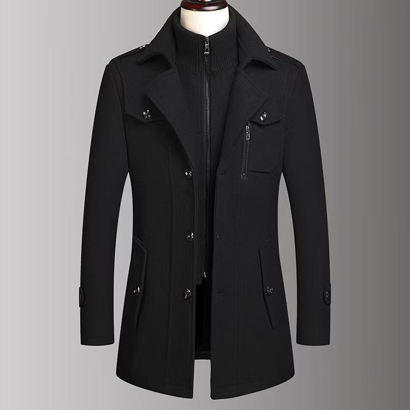 

Men s Double Collar Woolen Jacket - Autumn/Winter Warmth, Korean Style, Light Luxury Outerwear for Middle-Aged & Elderly. 190 [160-175 Jin] чёрный