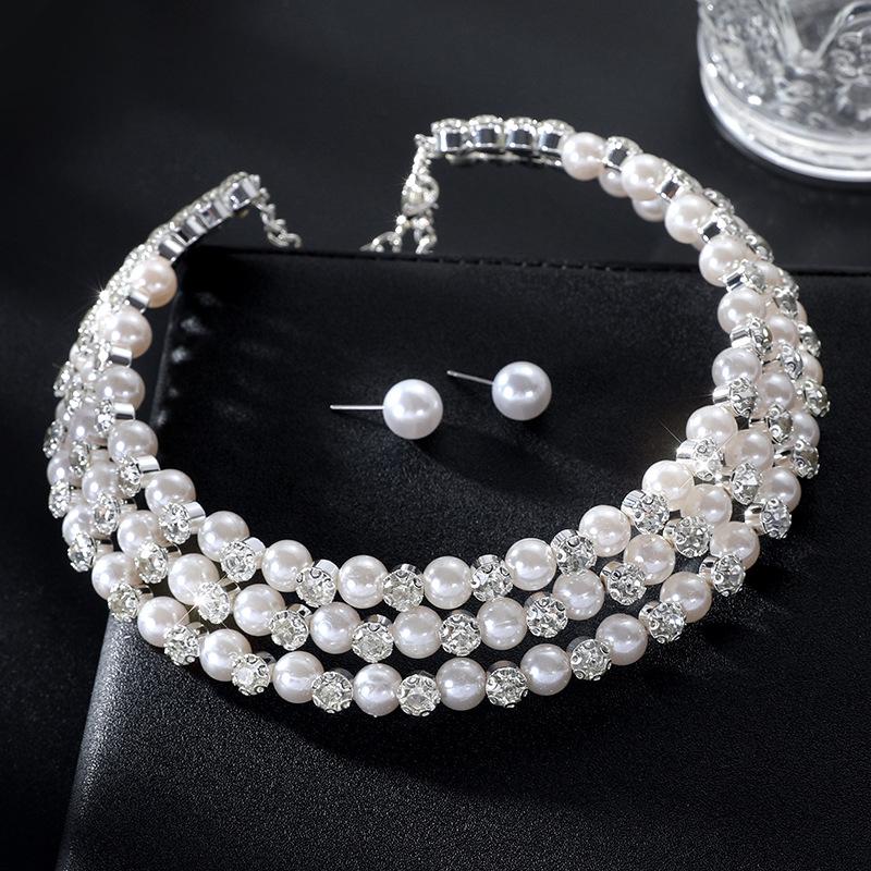 Imitation Pearl Necklace Earrings Bridal Wedding Pearl Rhinestone Neck Chain Stud Earrings Set Jewelry Women