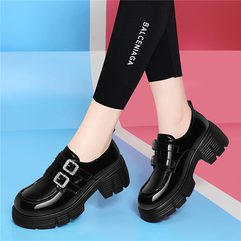 

Casual British style small leather shoes women s platform loafers new spring and summer patent leather thick heel single shoes high heels 34