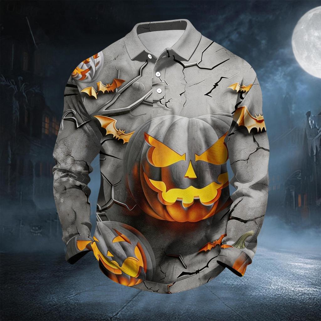 Men's Casual Long Sleeve Button Down Shirt for Halloween Party