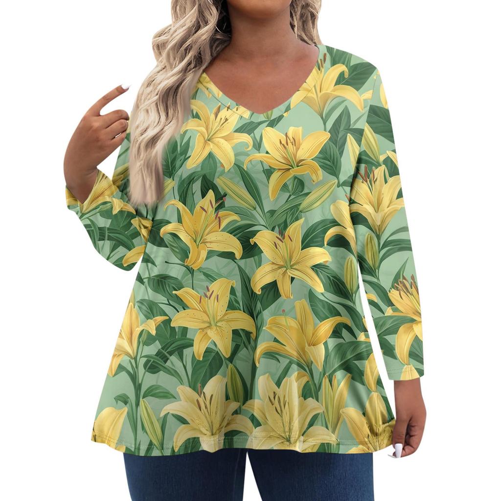 Modisches lässiges Langarm-Oberteil für Damen in Übergröße mit Blumenprint Übergröße Blumenprint-Oberteil