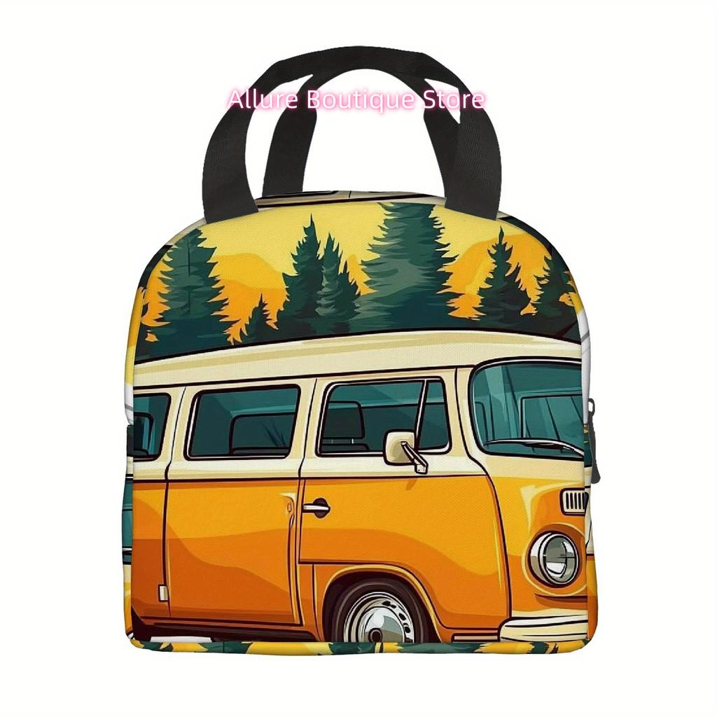1pc, Yellow Van with Forest Background Printed Thermal Bag, Insulation Bag, Insulated Bag. Not for Food Contact. Suitable for Ho