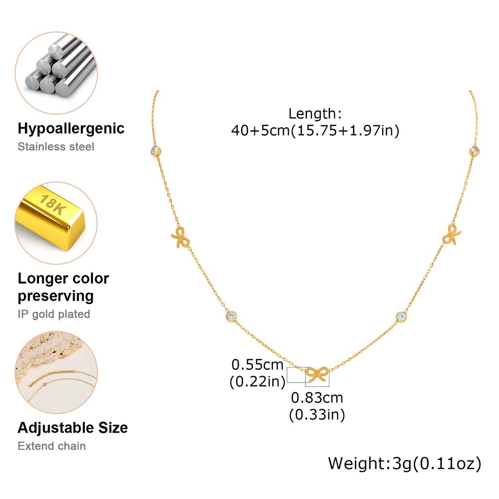18K Gold Plated CZ Bow Knot Station Necklace for Women, Anti Tarnish Waterproof Stainless Steel Chic Coquette Jewelry