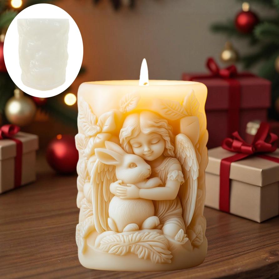 Anioł obejmujący królika reliefowy cylinder świeca silikonowa forma skrzydła dziewczyna anioł żywica forma anioły dziewczyna królik wielkanocny gipsowe formy