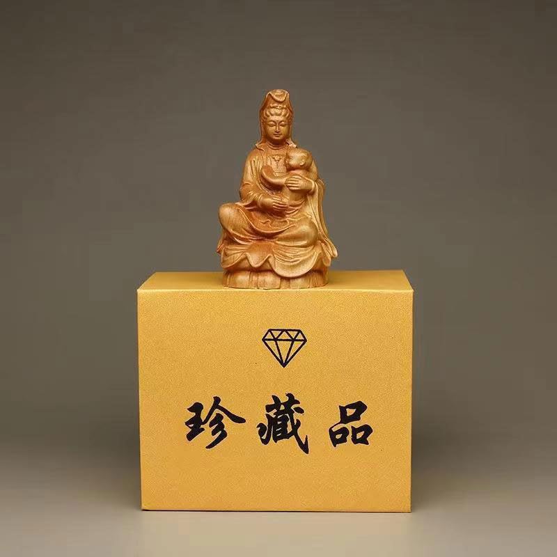 Dsdsad Wooden Buddha Statue, Seated Mother Kannon (10cm High X 5.5cm Wide) - Prayers for Safe Childbirth, Guardian Deity for Child-rearing, and