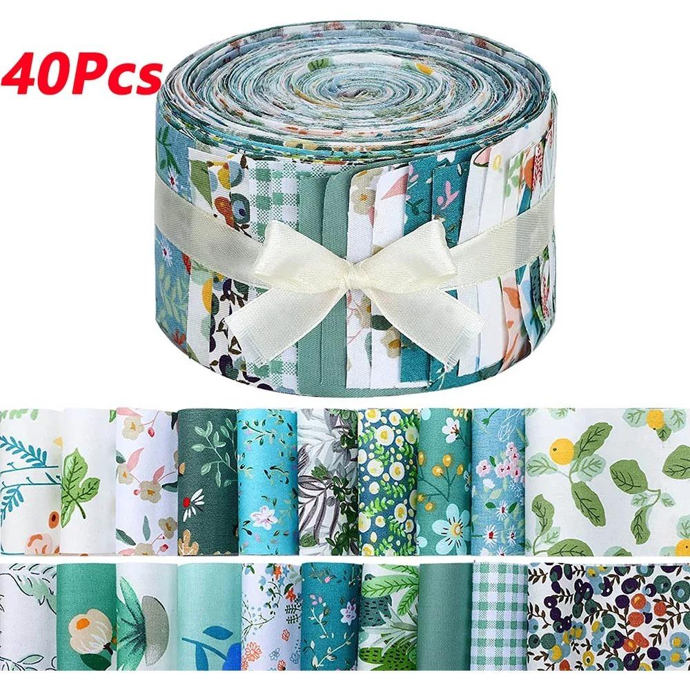 40Pcs Green Printed Precuts Fabric Jelly Rolls Sewing Material 6.3x25CM Cotton Strip DIY Cotton Craft Strips Plain Fabric