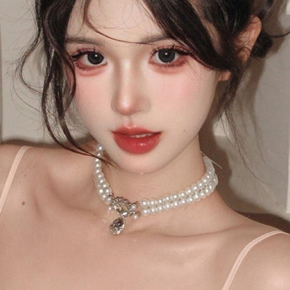 Colier dublu strat cu strasuri coreene, picătură de apă și perle: Lanț Claviculă Luxos