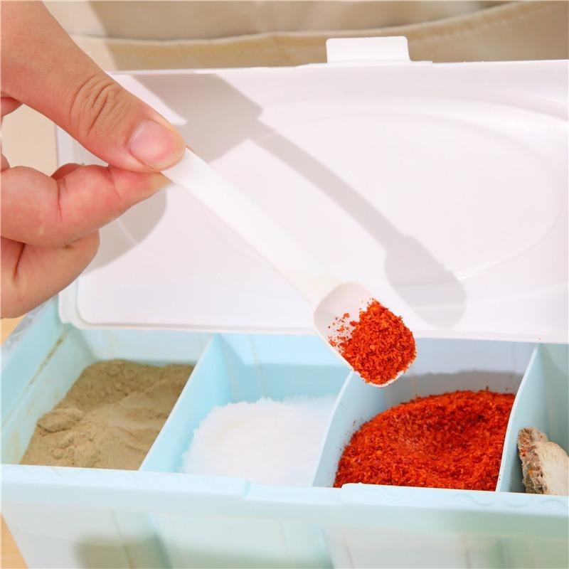 Scatola porta aromi multifunzionale in plastica con sale, glutammato monosodico, divisore da cucina con cucchiaio e coperchio, contenitore per condimenti