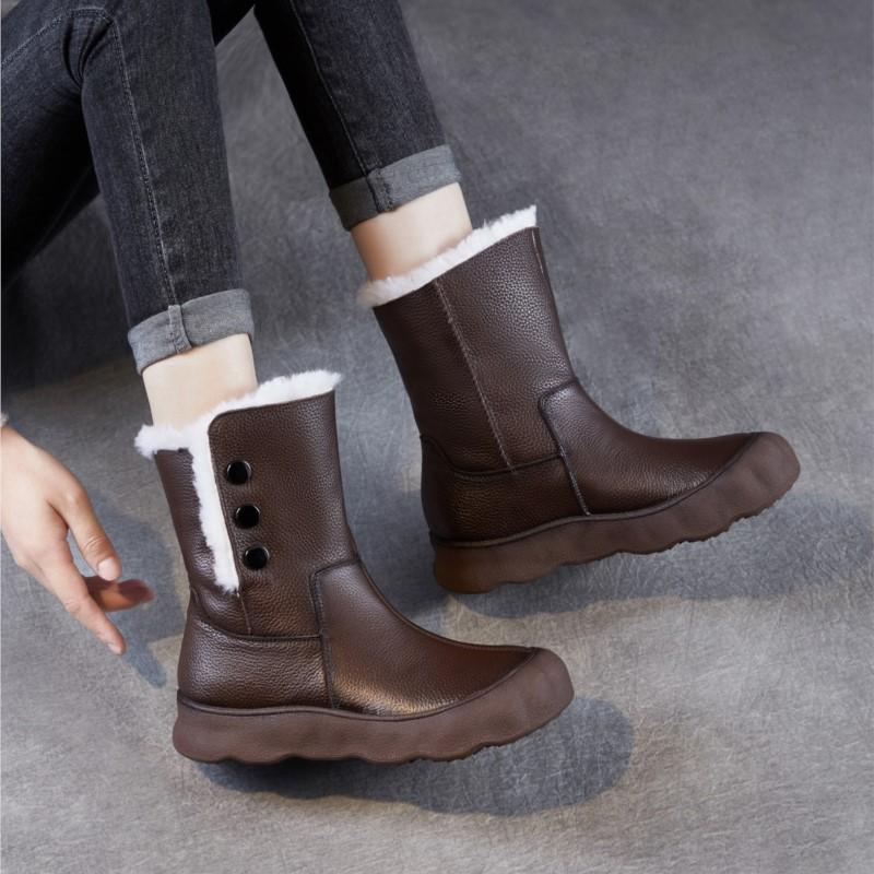 Johnature Genuine Leather Snow Boots Women's Shoes Plush Warm Versatile Soft Soled Mid-calf Boots