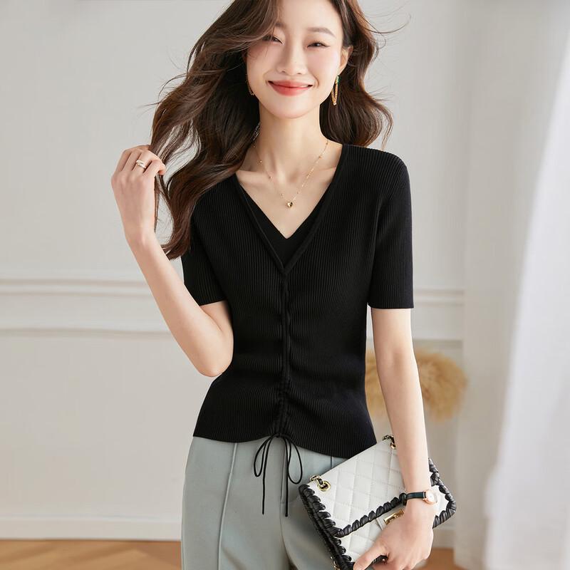 Srcr Women s Faux Two-Piece Silk Blend Short Sleeve Knit Top XL