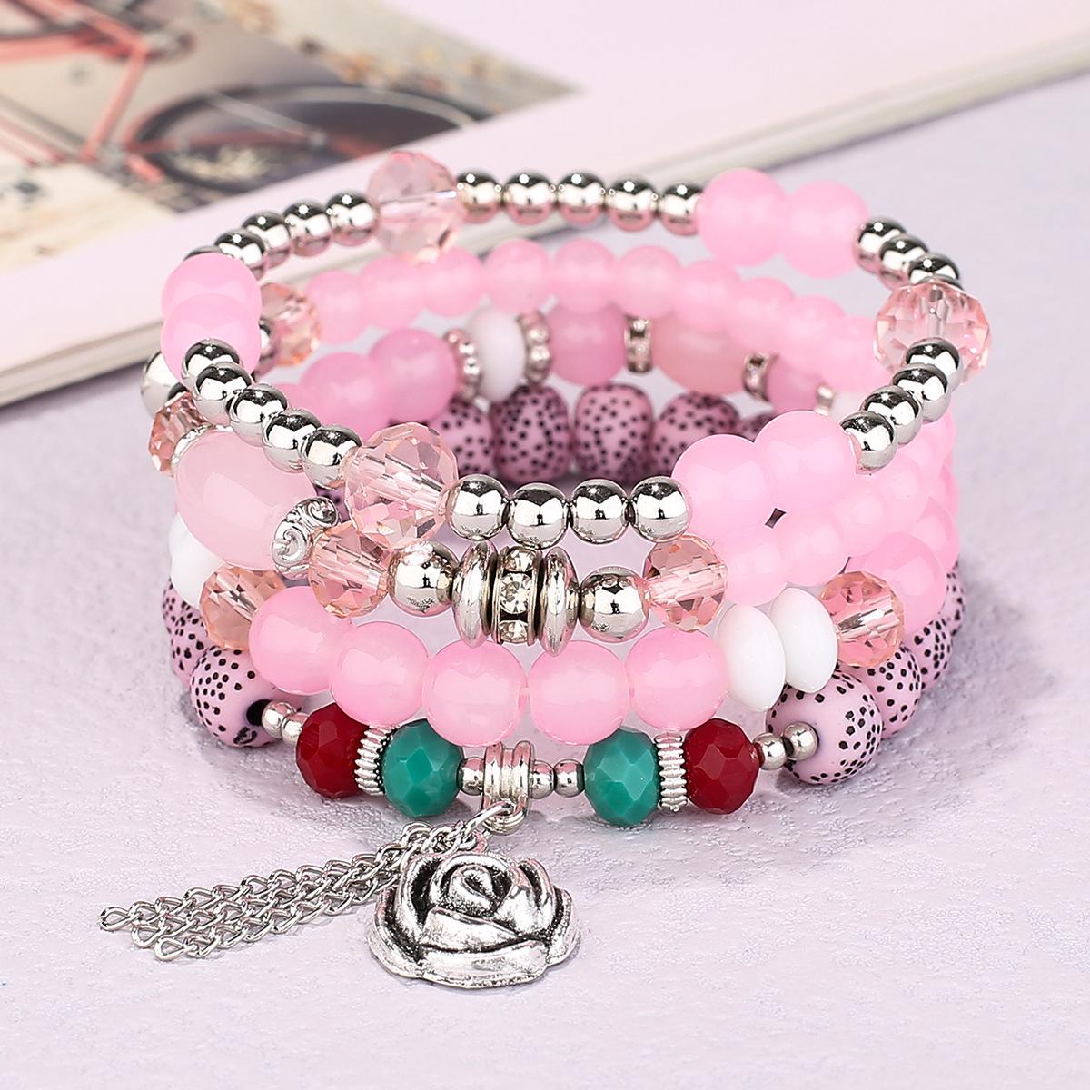 Bohemian Ethnic Layered Beaded Bracelet with Rose Flower Pendant розовый