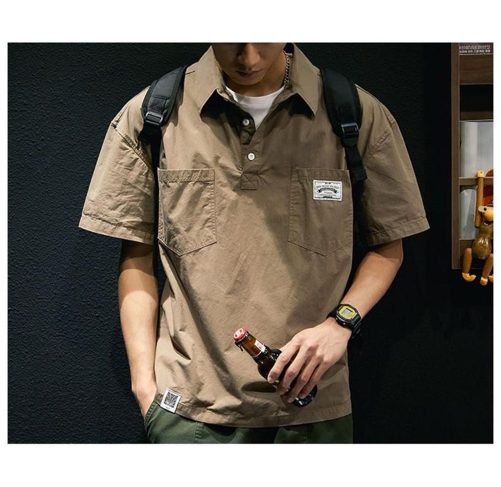 American Casual Men's T-shirt Summer Tooling Style Short Sleeve Pocket Shirt Collar Men's Clothing Loose Plus Size Top