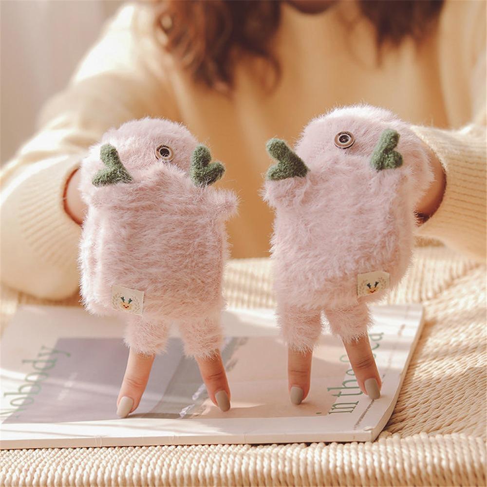 Half-Finger Flip Winter Gloves Soft Antlers Knit Mittens Cute Student Writing Gloves