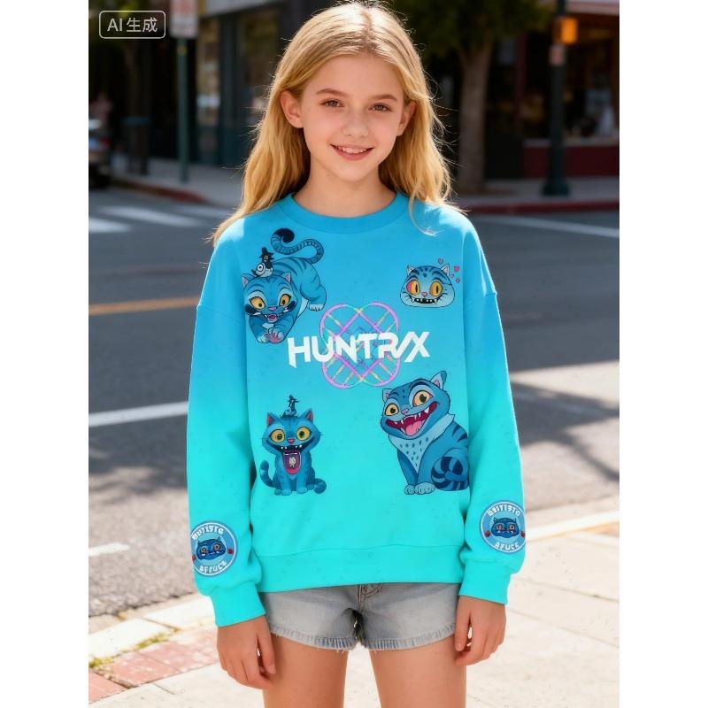 KPop Demon Hunters Autumn Winter Girl Fashion Casual Round Collar Printed Everyday Long Sleeved Comfortable Loose T-shirt