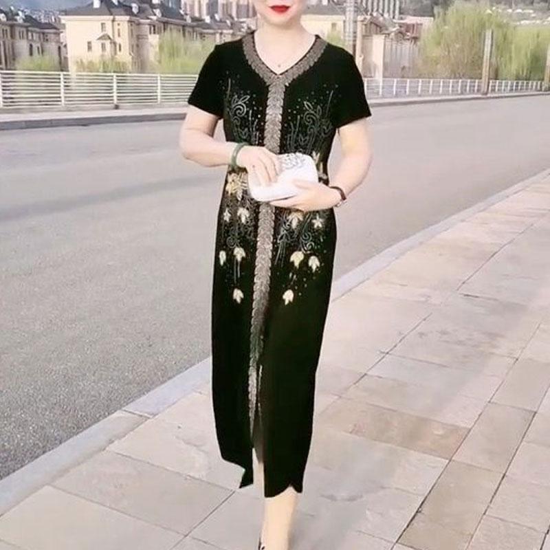 Elegant V-Neck Dresses Straight Summer Short Sleeve All-match Stylish Vintage Flowers Diamonds Midi Dress