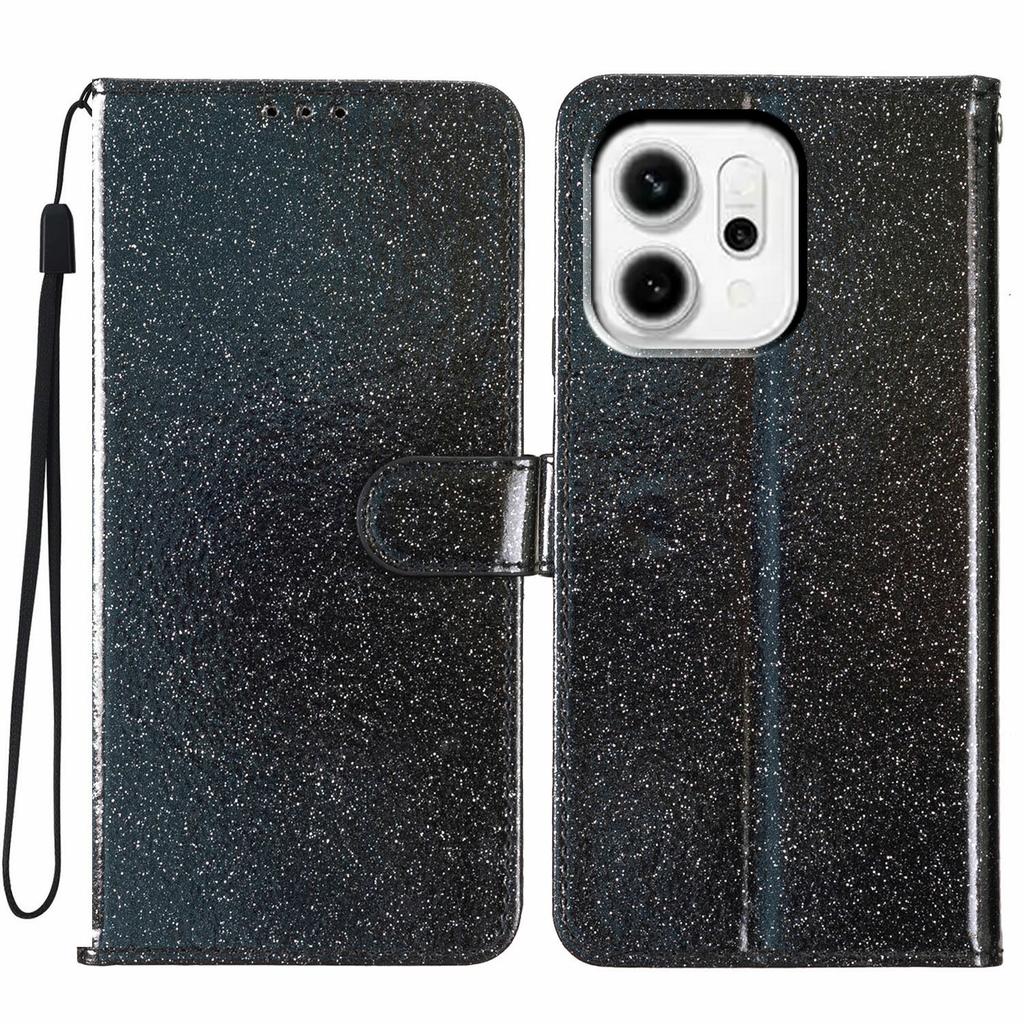 For Oppo Reno14 5G (Global) Wallet Case Glitter Anti-Scratch Leather Stand Phone Cover with Strap