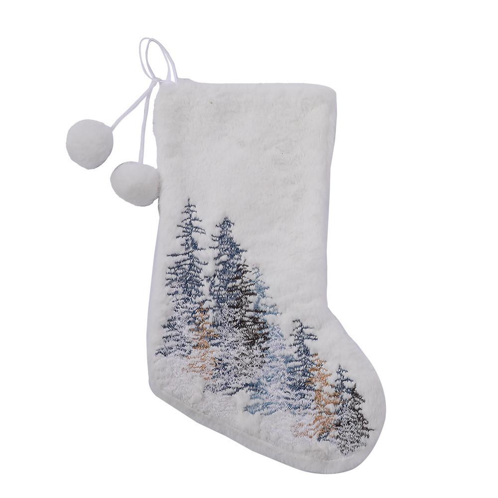 Decorative Stocking Christmas With Plush Fabric Embellished With Snowflake Embroidery And Poms Pom