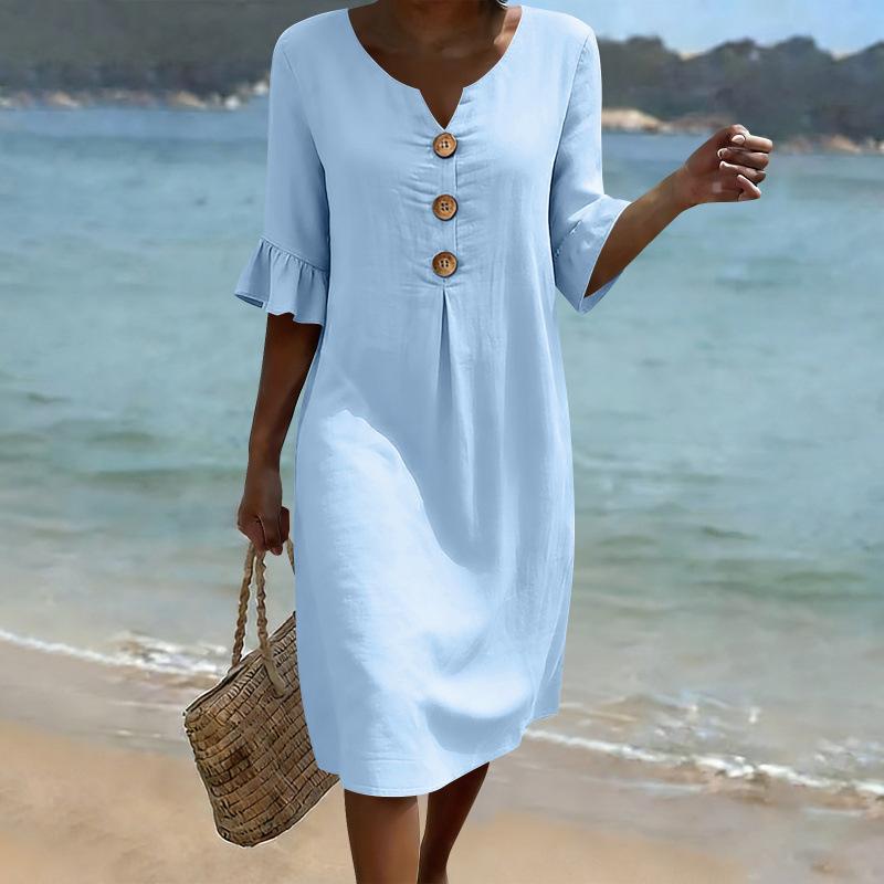 Robe décontractée d'été unie à boutons et manches courtes pour femmes