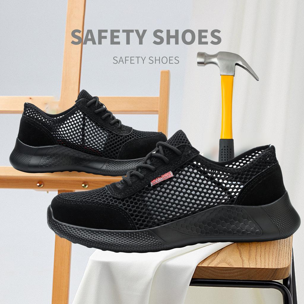 Men's Summer Steel Toe Safety Shoes Anti-Crush And Piercing Breathable Lightweight Outdoor Pure Black Work Shoes