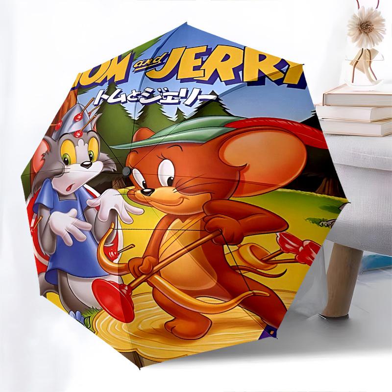 1pc Tom and Jerry Automatic Folding Umbrella - Compact 8-Rib Design, Durable Plastic & Iron1472L