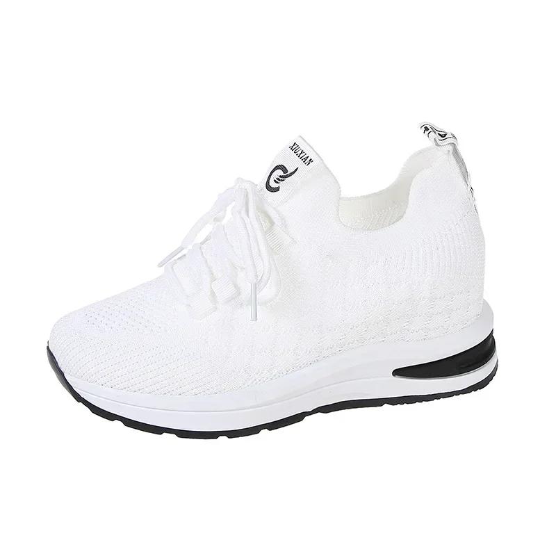 

Модные женские кроссовки повседневная обувь женская платформа каблуки танкетка увеличивающая рост трикотажная женская сетчатая дышащая вулканизированная обувь 35 белый