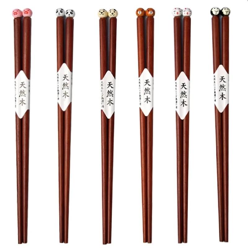 6 Pair Wood Chopsticks Chinese Brown Cartoons Non-Slip Reusable Sushi Tableware Food Stick Festival Household Kitchen Supplies