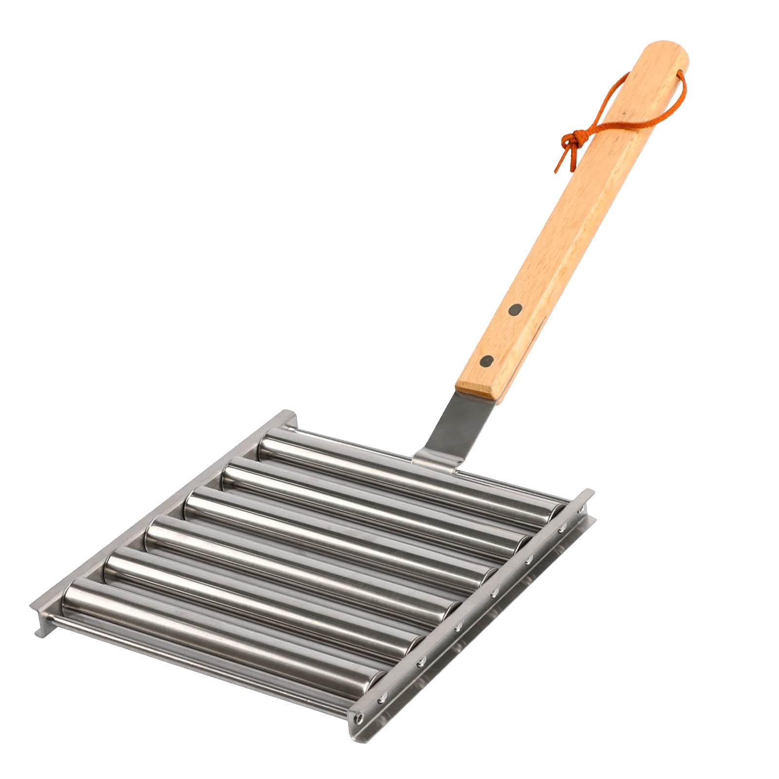 

Stainless Steel Sausage Roller Barbecue Extra Long Wooden Handle Even Cooking Household Outdoor Barbecue Tool