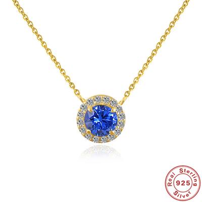 S925 Sterling Silver Diamond Trimmed Sapphire Necklace Aquamarine Bag Set Round Pendant Collarbone Chain