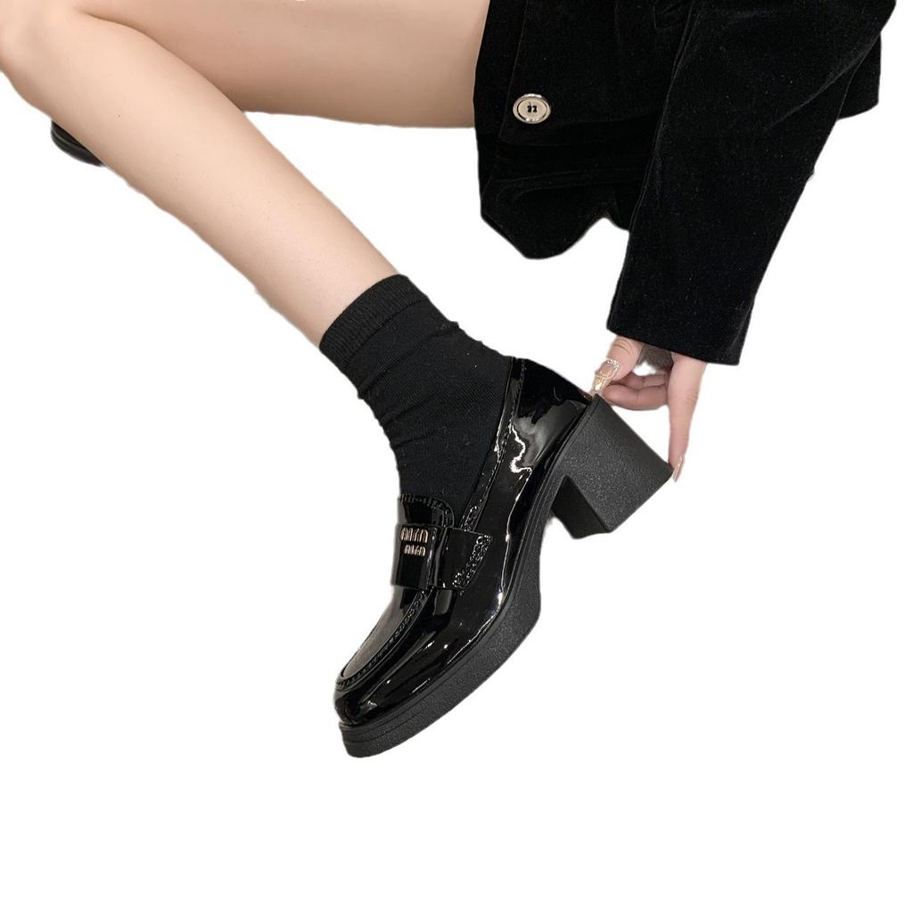 Support 2025 new women's high-heeled single shoes spring and autumn thick heel fashion glossy small leather shoes versatile loafers
