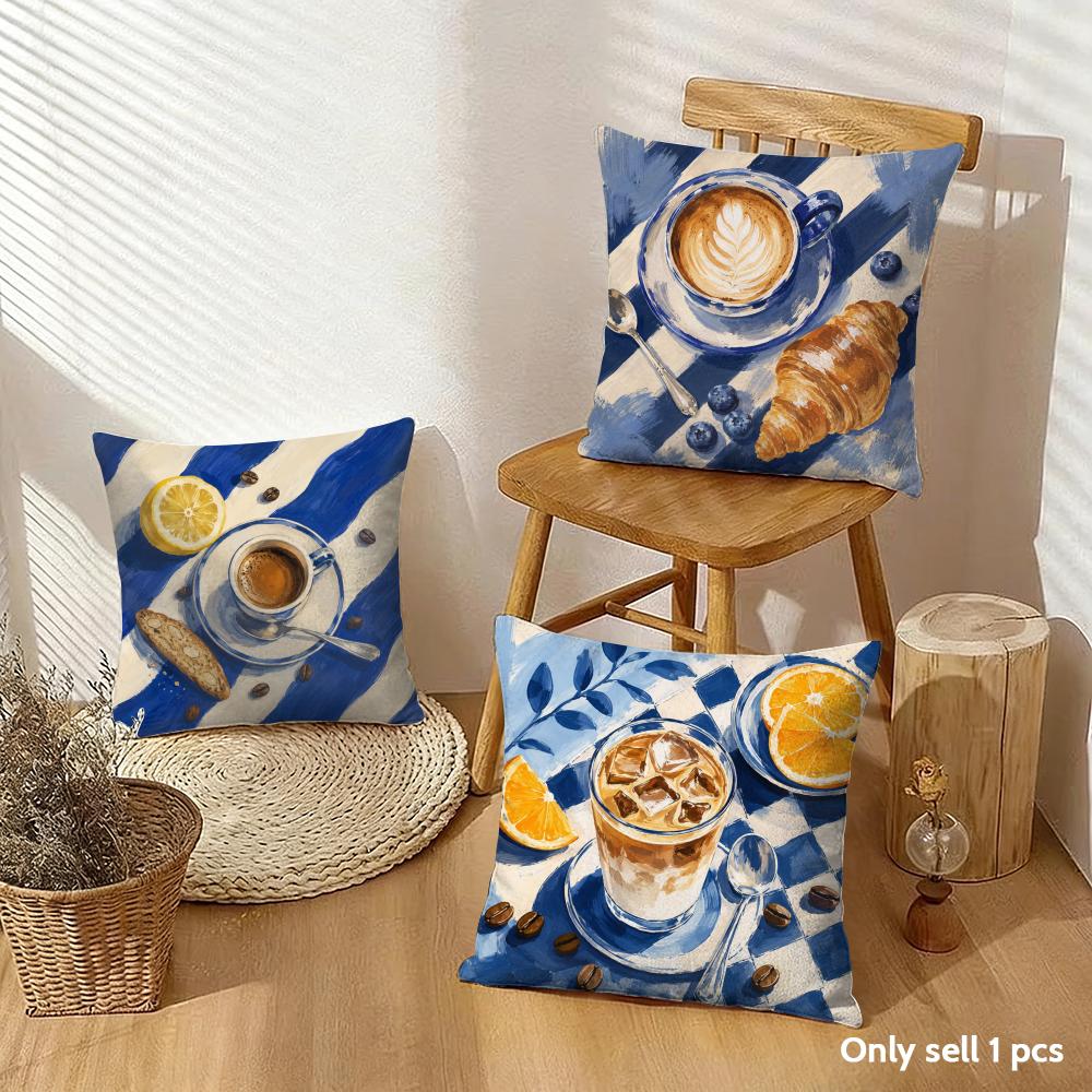Gouache Painting Picnic Coffee Food Cushion Cover Breathable Cushion Covers Machine Washable Wrinkle-Resistant Soft Durable