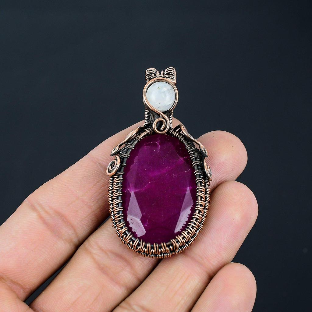 Ruby Lab-Created & Moonstone Gemstone Handmade Copper Wire Wrap Jewelry Pendant For Women