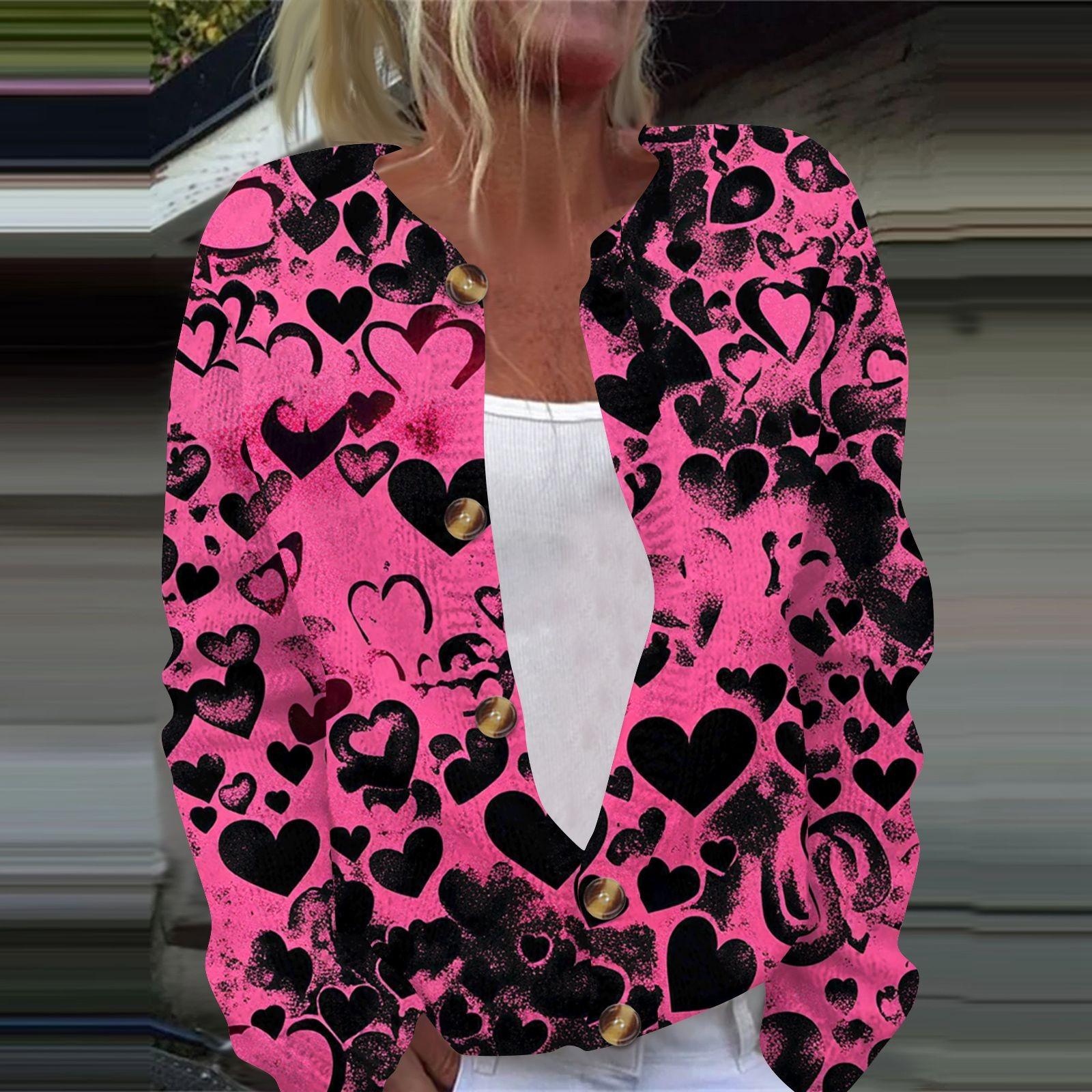 

Жіночий модний в язаний жакет на ґудзиках з довгим рукавом і принтом із сердечками на День святого Валентина L